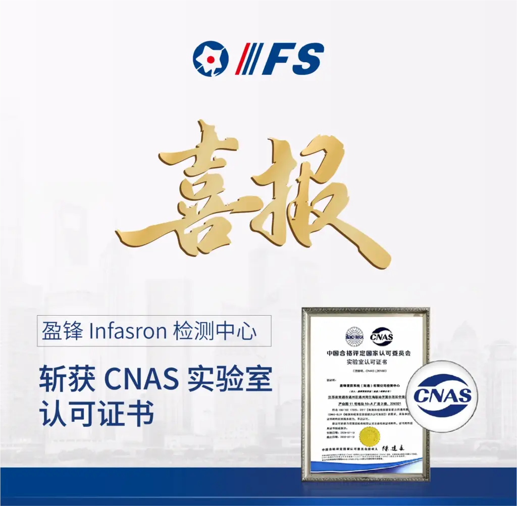 盈锋 Infasron 南通检测中心 CNAS 国家级实验室认可海报，国家级质检背书为紧固件采购、出口贸易提供权威质量保障